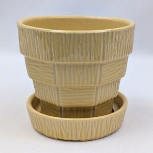 McCoy USA Basketweave Planter Pot MCM Vintage Retro Drainage Hole Saucer Yellow